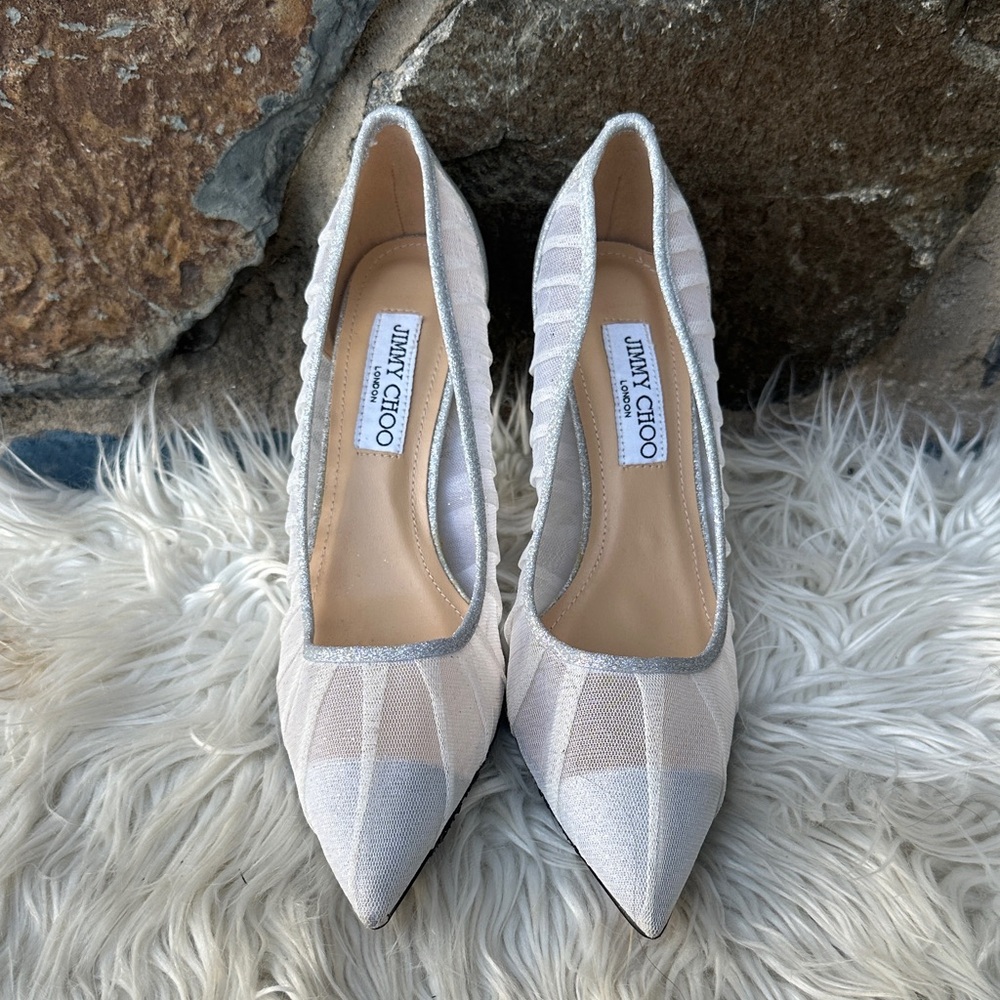 NEW Jimmy Choo Sheer Mesh Silver Pointed Toe Heels EU 40 / US 10
